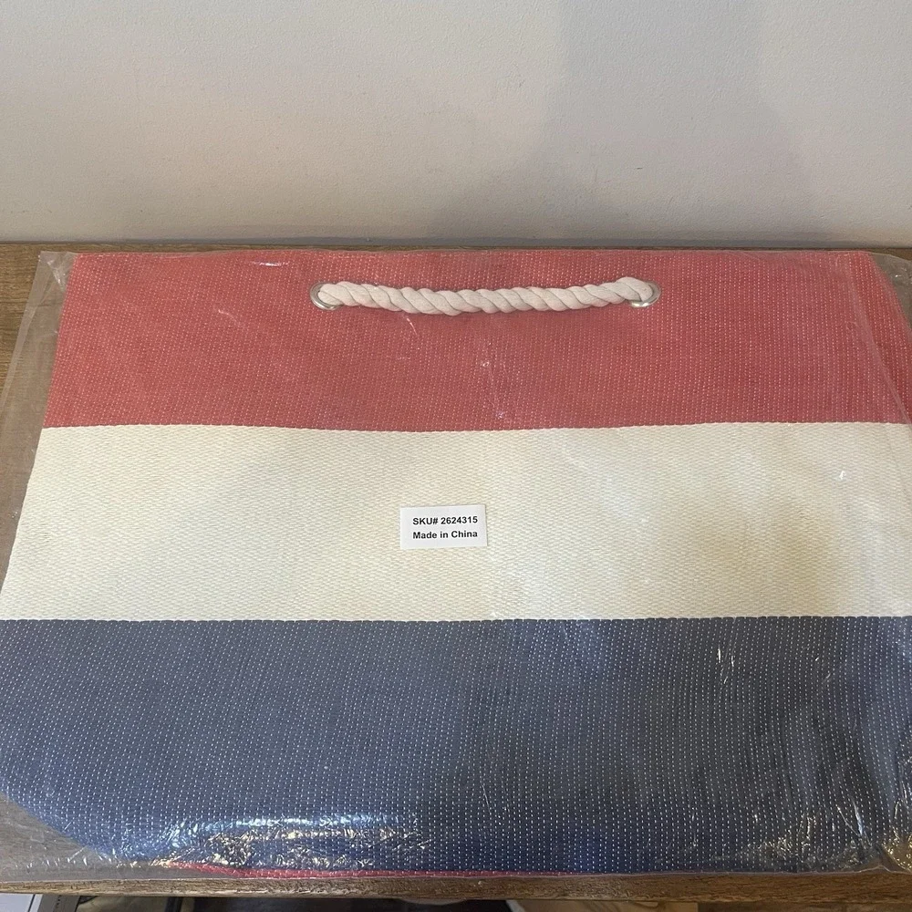 Large Nautical Beach Tote Pool Bag Rope Handles Red White Blue Coastal Vacation
